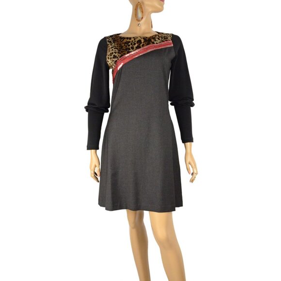 SAVE THE QUEEN DRESS LONG SLEEVE GRAY WITH ANIMAL PRINT ACCENT sz S / SMALL - Picture 2 of 8